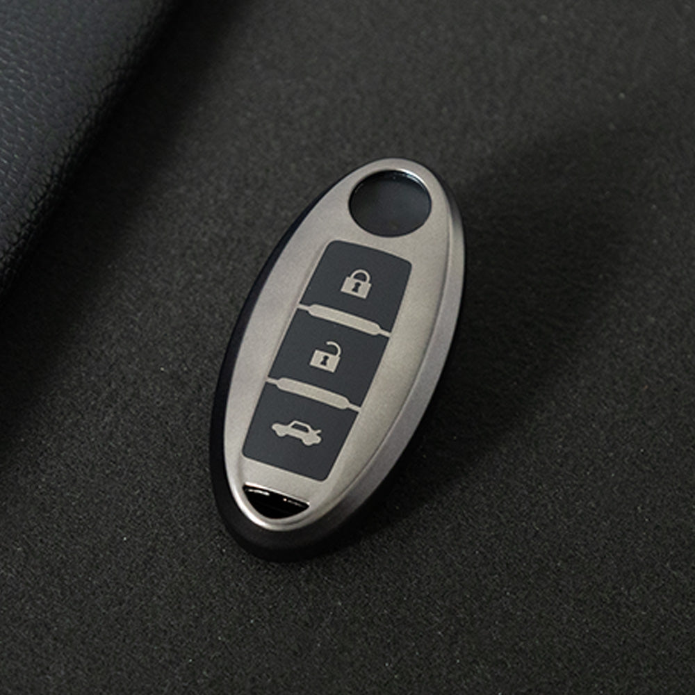 NIB3T1 Black-Metal Gray Plating Car Key Cover High Quality Soft TPU 3-Button Popular Key Case Cover Shell for Nissan Patrol Tiida Qashqai X-Trail Juke Navara Car Accessory