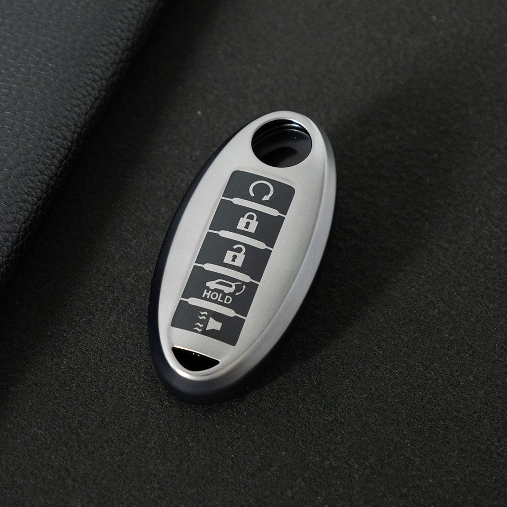 NIB6T1 Black-Metal Gray Plating Car Key Cover Silver Edge TPU Car Key Cover Keychain Fob Case Accessories for Nissan Note Qashqai Pathfinder Rogue Versa Infiniti Q50 Kia