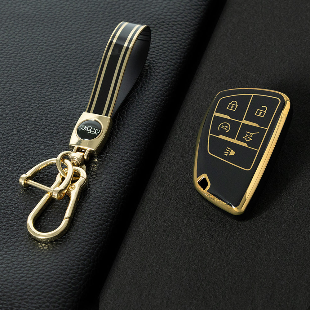 CEV3T1 Black-Gold Plating Car Key Cover Tpu Car Key Case Fob Cover Shell for Chevrolet Tahoe Suburban for GMC Yukon for Buick ENVISION S Plus Avenir 2020 2021 2022 2023