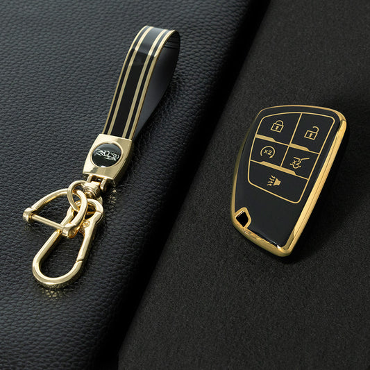 CEV3T1 Black-Gold Plating Car Key Cover Tpu Car Key Case Fob Cover Shell for Chevrolet Tahoe Suburban for GMC Yukon for Buick ENVISION S Plus Avenir 2020 2021 2022 2023