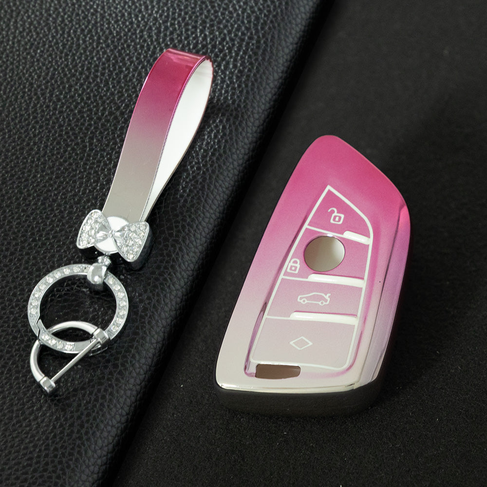 BMB1T1 Gradient Pink Car Key Cover For BMW 1 2 3 4 5 6 7 Series X1 X2 X3 X5 X6 X7 Smart Key Ring Holder Keychain Car Accessories