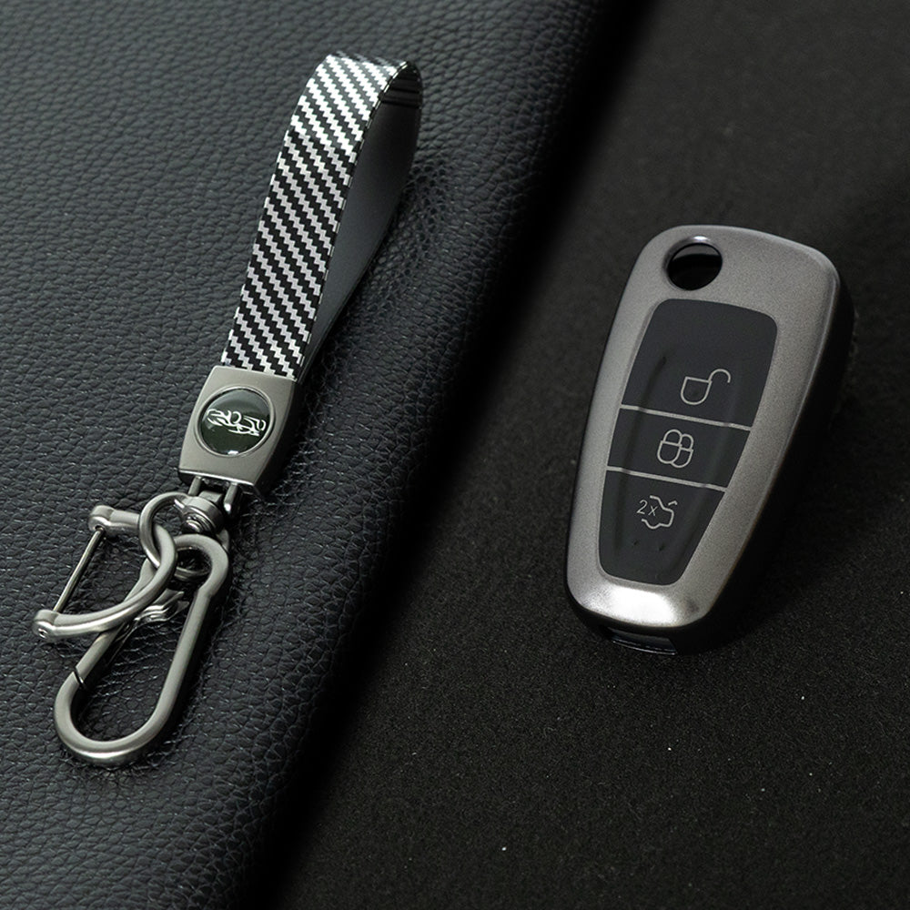 FOD1T1 Black-Metal Gray Plating Car Key Cover TPU Car Folding Key Case Cover Bag Keychain for Ford Focus C-Max S-Max Galaxy Mondeo Ranger Transit Tourneo Custom