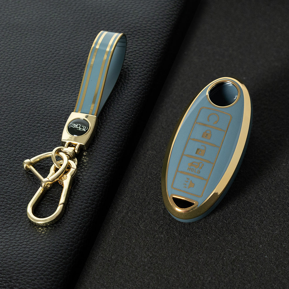 NIB6T1 Granny Grey-Gold Plating Car Key Cover Silver Edge TPU Car Key Cover Keychain Fob Case Accessories for Nissan Note Qashqai Pathfinder Rogue Versa Infiniti Q50 Kia