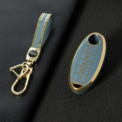 NIB6T1 Granny Grey-Gold Plating Car Key Cover Silver Edge TPU Car Key Cover Keychain Fob Case Accessories for Nissan Note Qashqai Pathfinder Rogue Versa Infiniti Q50 Kia