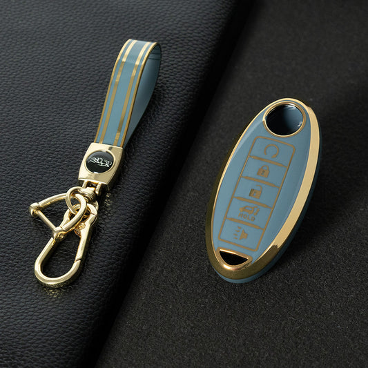 NIB6T1 Granny Grey-Gold Plating Car Key Cover Silver Edge TPU Car Key Cover Keychain Fob Case Accessories for Nissan Note Qashqai Pathfinder Rogue Versa Infiniti Q50 Kia