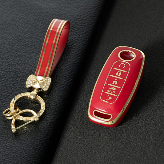 NIA3T1 Red-Gold Plating TPU Car Key Cover Soft Key Shell Fob Holder Suitable for Nissan Sylphy Bluebird Teana X-Trail Murano GTR