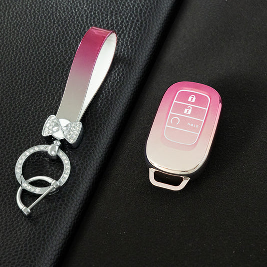 HOB3T1 Gradient Pink Car Key Cover TPU Remote Key Fob Cover 4-button Car Key Case Protective Accessories Suitable for Honda Accord Civic HR-V CR-V Pilot Odyssey