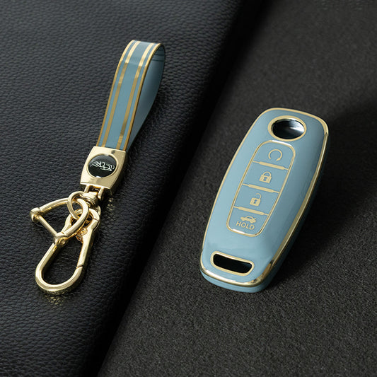 NIA7T1 Granny Grey-Gold Plating TPU Car Key Cover Fob Holder Suitable for Nissan Sylphy Bluebird Teana X-Trail Murano GTR