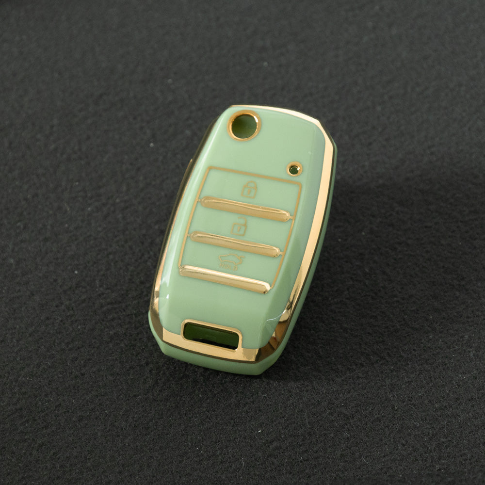 KIE1T1 Green-Gold Plating Car Key Cover Fashionable Soft TPU Key Fob Cover for Kia Rio K3 2014-2016 Model-Year Protective Car Key Accessory