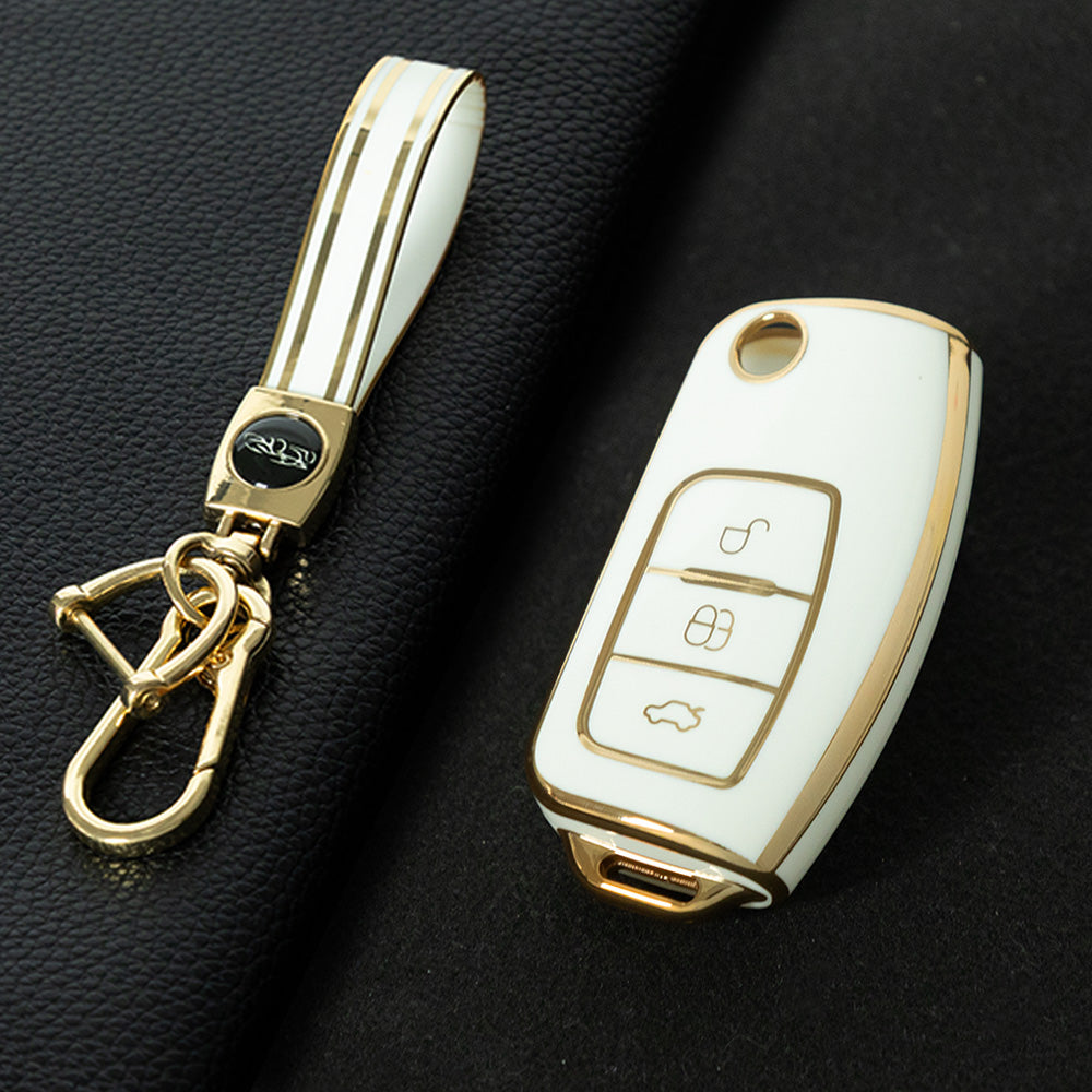 FOE1T1 White-Gold Plating Car Key Cover TPU Car Key Case Cover for Ford Fusion Mondeo Mustang F150 F250 F350 Explorer Edge 2015 2016 2017 2018 2019 Accessories