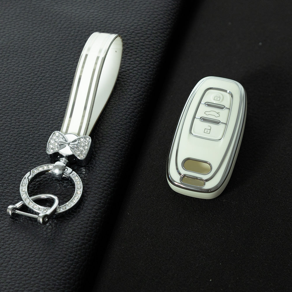 AUB1T1 White-Silver Plating Car Key Cover Silver Trim Full-Coverage TPU Key Cover for Audi A6L/A7/A8/A3/A5/Q5/S6 - Anti-Scratch Protective Case
