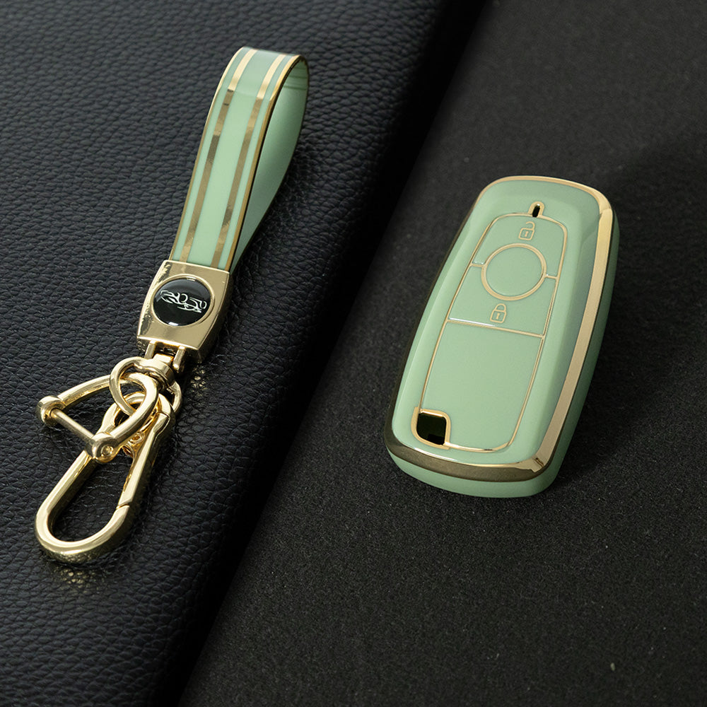 FOB2T1 Green-Gold Plating TPU Car Key Cover Fob Fit for Ford F-150 F-250 F-350 Ecosport Edge Explorer Fusion Mustang