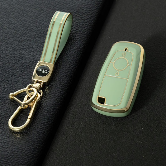 FOB2T1 Green-Gold Plating TPU Car Key Cover Fob Fit for Ford F-150 F-250 F-350 Ecosport Edge Explorer Fusion Mustang