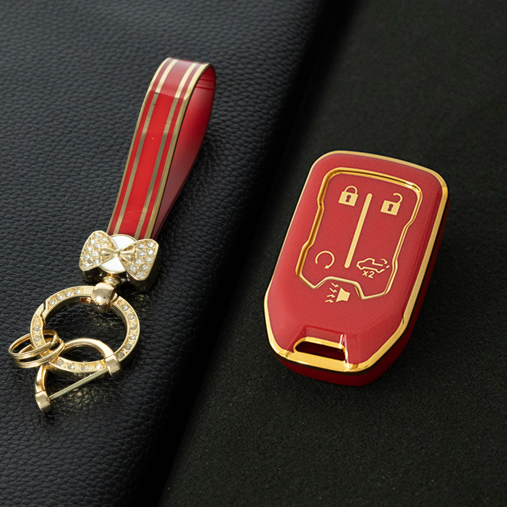 CEB1T1 Red-Gold Plating Remote Shell Fob Holder TPU Key Cover Case for Sierra Terrain Acadia Chevrolet Tahoe 2012-2016 for Car