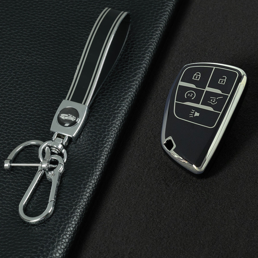 CEV3T1 Black-Silver Plating Car Key Cover Tpu Car Key Case Fob Cover Shell for Chevrolet Tahoe Suburban for GMC Yukon for Buick ENVISION S Plus Avenir 2020 2021 2022 2023