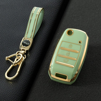 KIE1T1 Green-Gold Plating Car Key Cover Fashionable Soft TPU Key Fob Cover for Kia Rio K3 2014-2016 Model-Year Protective Car Key Accessory