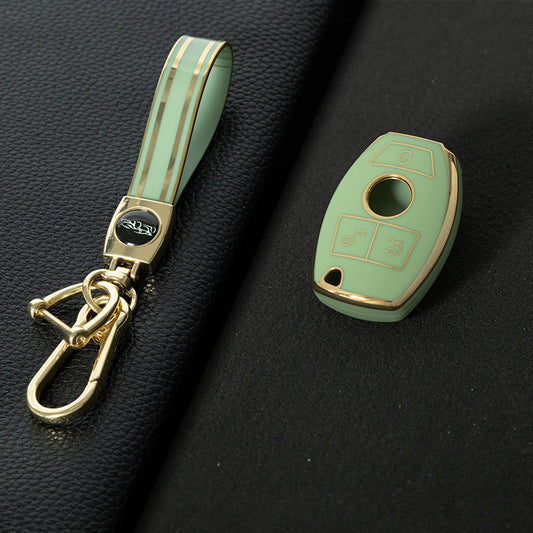 MEC1T1 Green-Gold Plating Car Key Cover Premium Soft TPU Car Key Case Cover Shell for Mercedes Benz C260L C200L A180L GLC260 GLA E300l CLASS Key Rings Keychain Bag