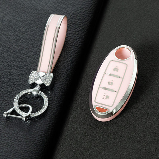 NIB2T1 Pink-Silver Plating Car Key Cover TPU Car Key Case Cover Key Fob Cover for Nissan Leaf Micra Qashqai J11 J10 X Trail T32 Versa Note Patrol Accessories