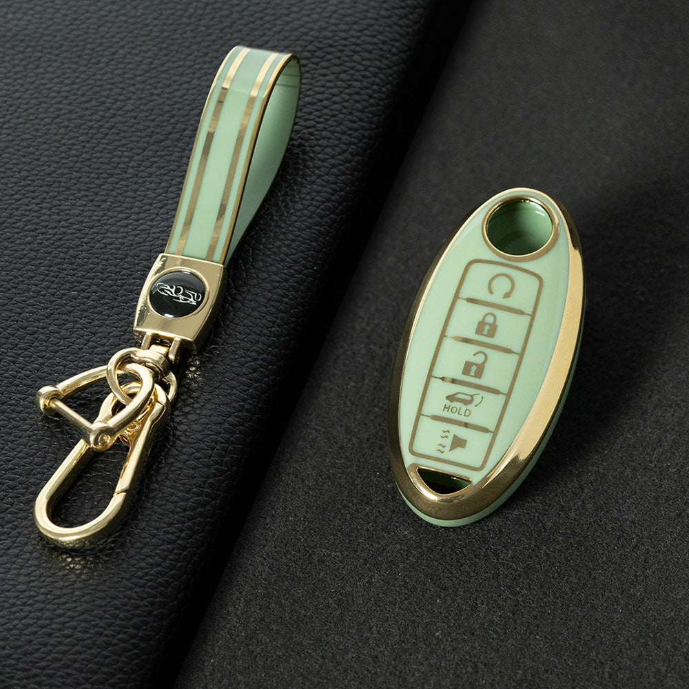 NIB6T1 Green-Gold Plating Car Key Cover Silver Edge TPU Car Key Cover Keychain Fob Case Accessories for Nissan Note Qashqai Pathfinder Rogue Versa Infiniti Q50 Kia