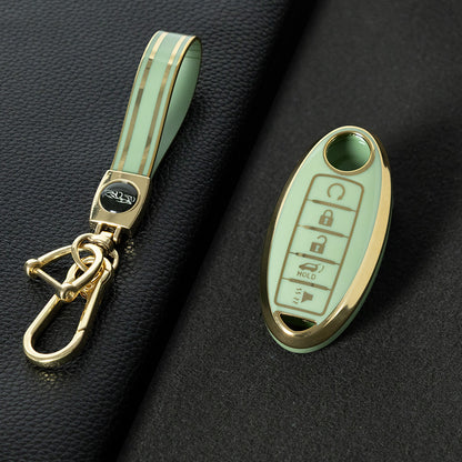 NIB6T1 Green-Gold Plating Car Key Cover Silver Edge TPU Car Key Cover Keychain Fob Case Accessories for Nissan Note Qashqai Pathfinder Rogue Versa Infiniti Q50 Kia
