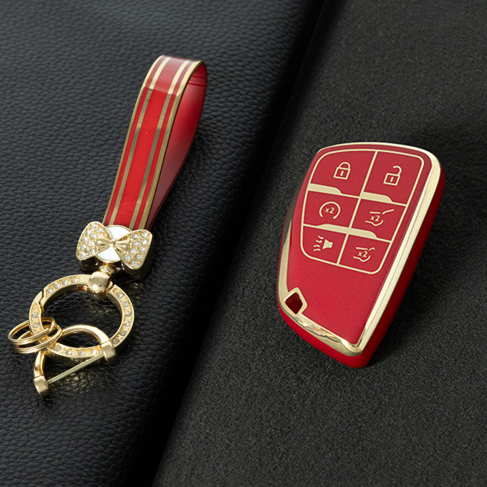 CEV4T1 Red-Gold Plating 6-button Car Remote Key Case TPU Soft Key Fob Cover Smart Key Shell Holder Compatible with GMC Chevy Buick