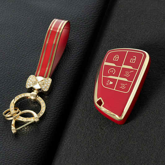 CEV4T1 Red-Gold Plating 6-button Car Remote Key Case TPU Soft Key Fob Cover Smart Key Shell Holder Compatible with GMC Chevy Buick