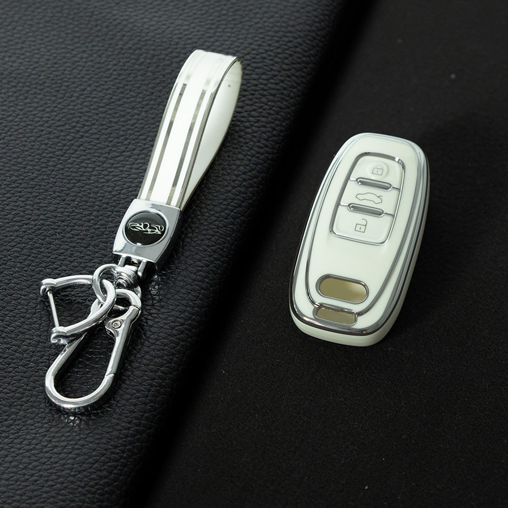 AUB1T1 White-Silver Plating Car Key Cover Silver Trim Full-Coverage TPU Key Cover for Audi A6L/A7/A8/A3/A5/Q5/S6 - Anti-Scratch Protective Case