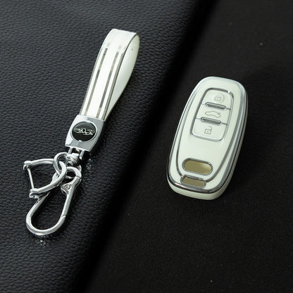 AUB1T1 White-Silver Plating Car Key Cover Silver Trim Full-Coverage TPU Key Cover for Audi A6L/A7/A8/A3/A5/Q5/S6 - Anti-Scratch Protective Case