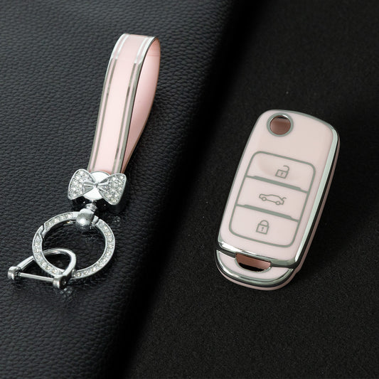 CHB1T1 Pink-Silver Plating Car Key Cover For Premium Soft TPU Car Key Case Cover  CHANGAN Benben E-Star CS15 CS35 CS55 EADO LUMIN Key Rings Keychain Bag
