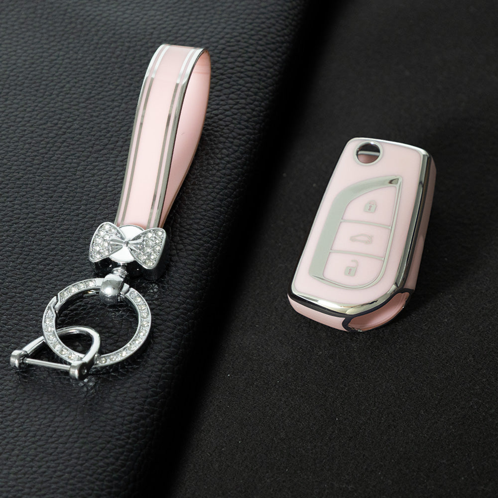 TOA1T1 Pink-Silver Plating Car Key Cover Premium Soft TPU Car Key Case Cover Shell for Toyota COROLLA camry LEVIN REIZ highlander RAV4 Fold Key Rings Keychain Bag