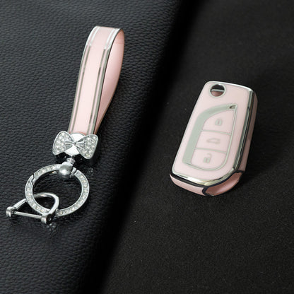 TOA1T1 Pink-Silver Plating Car Key Cover Premium Soft TPU Car Key Case Cover Shell for Toyota COROLLA camry LEVIN REIZ highlander RAV4 Fold Key Rings Keychain Bag