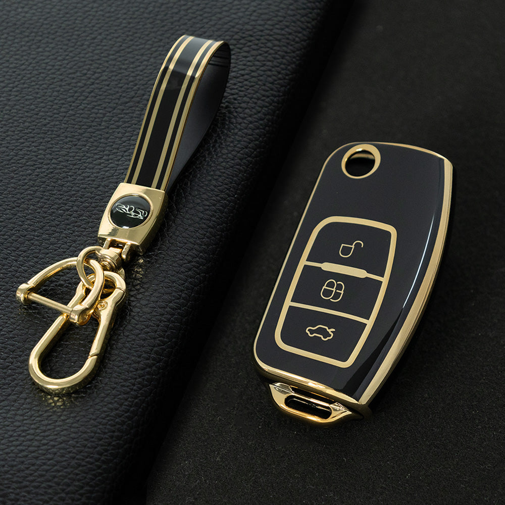 FOE1T1 Black-Gold Plating Car Key Cover TPU Car Key Case Cover for Ford Fusion Mondeo Mustang F150 F250 F350 Explorer Edge 2015 2016 2017 2018 2019 Accessories