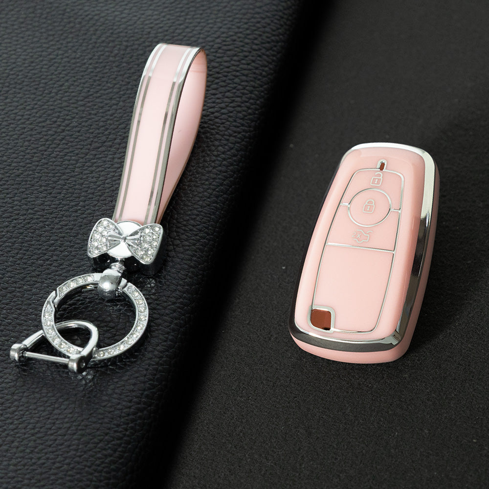 FOB1T1 Pink-Silver Plating TPU Car Key Case Cover Holder for Ford Fusion Edge Mustang Explorer F150 F250 F350