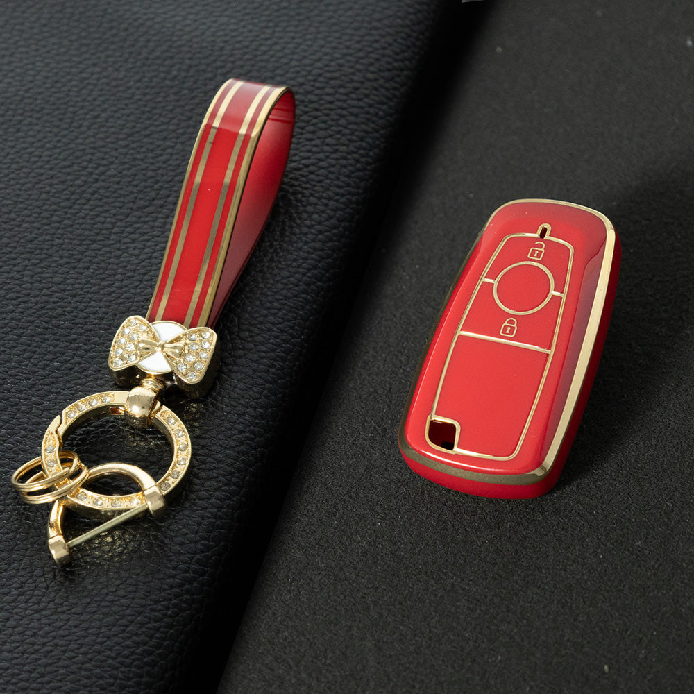 FOB2T1 Red-Gold Plating TPU Car Key Cover Fob Fit for Ford F-150 F-250 F-350 Ecosport Edge Explorer Fusion Mustang