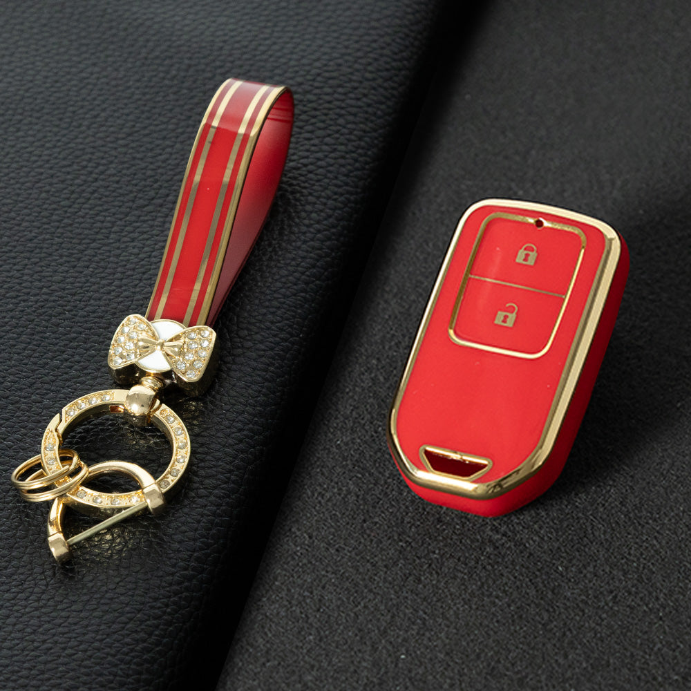 HOA2T1 Red-Gold Plating Car Key Cover 2/3/4/5-Button Full-Coverage TPU Key Cover for Honda CR-V/Accord/Civic/Fit/Jade/Odyssey - Anti-Scratch Protective Case