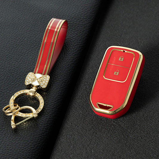 HOA2T1 Red-Gold Plating Car Key Cover 2/3/4/5-Button Full-Coverage TPU Key Cover for Honda CR-V/Accord/Civic/Fit/Jade/Odyssey - Anti-Scratch Protective Case