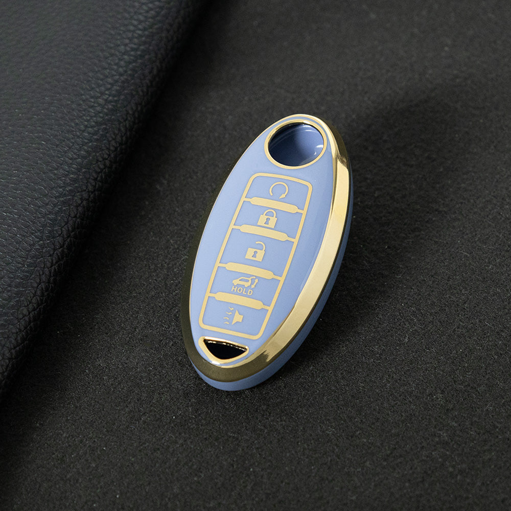 NIB6T1 Light Blue-Gold Plating Car Key Cover Silver Edge TPU Car Key Cover Keychain Fob Case Accessories for Nissan Note Qashqai Pathfinder Rogue Versa Infiniti Q50 Kia