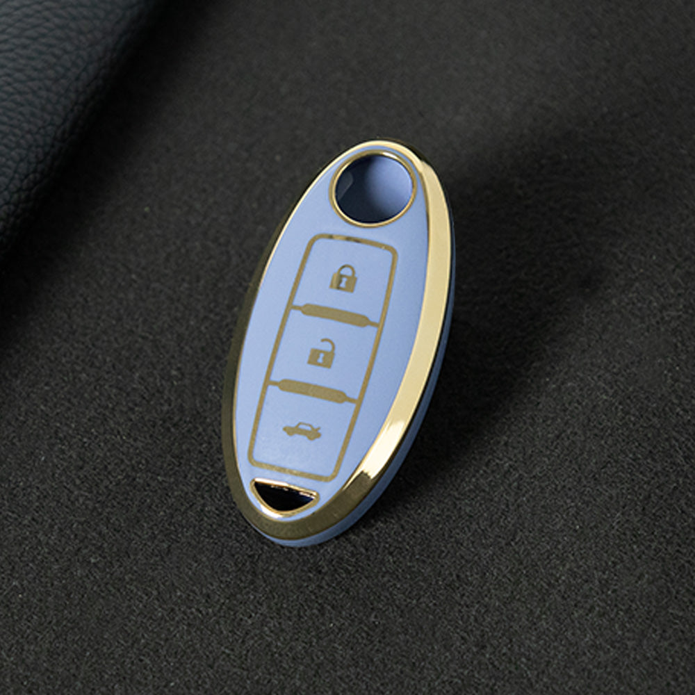NIB3T1 Light Blue-Gold Plating Car Key Cover High Quality Soft TPU 3-Button Popular Key Case Cover Shell for Nissan Patrol Tiida Qashqai X-Trail Juke Navara Car Accessory
