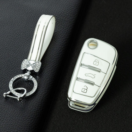 AUD1T1 White-Silver Plating Car Key Cover For Audi Q3 Q7 Q5 TT Q2L A3 A1 Fold Key Rings Keychain Bag