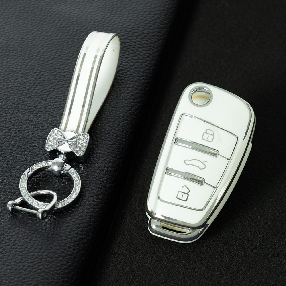 AUD1T1 White-Silver Plating Car Key Cover For Audi Q3 Q7 Q5 TT Q2L A3 A1 Fold Key Rings Keychain Bag