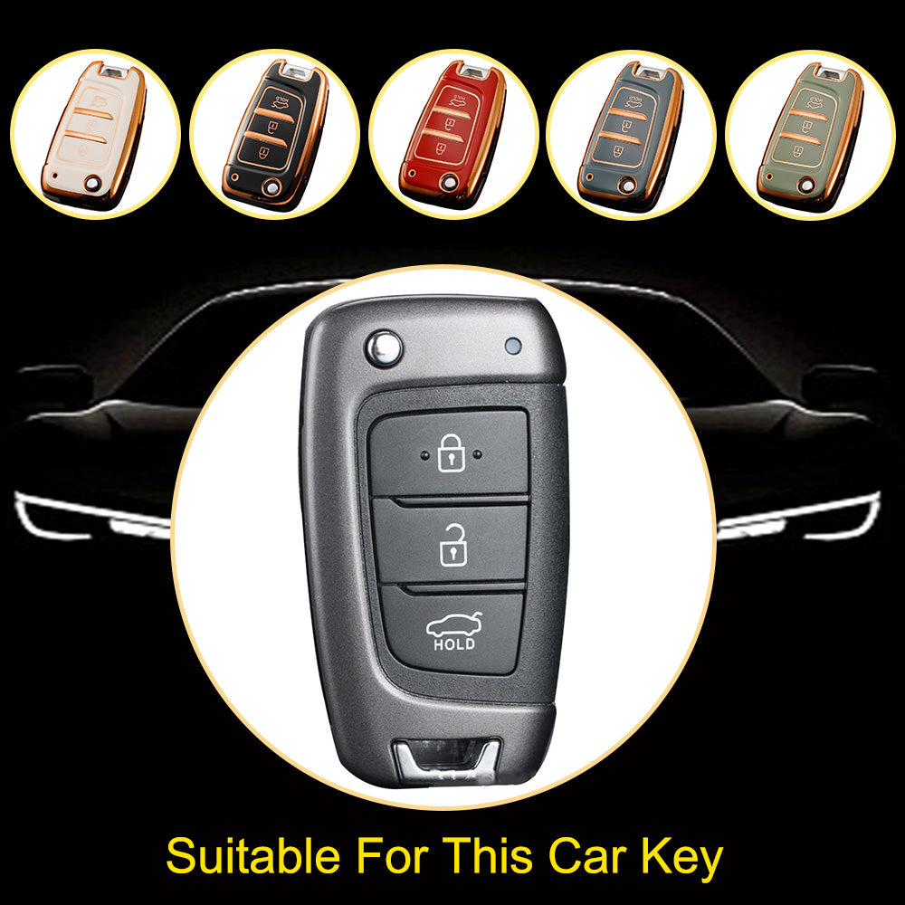 HYB1T1 White-Gold Plating TPU Car Folding Key Case Cover Holder for Hyundai Azera Elantra Solaris Tucson I30 I35 I40 KONA Genesis Santa Fe Shell Fob