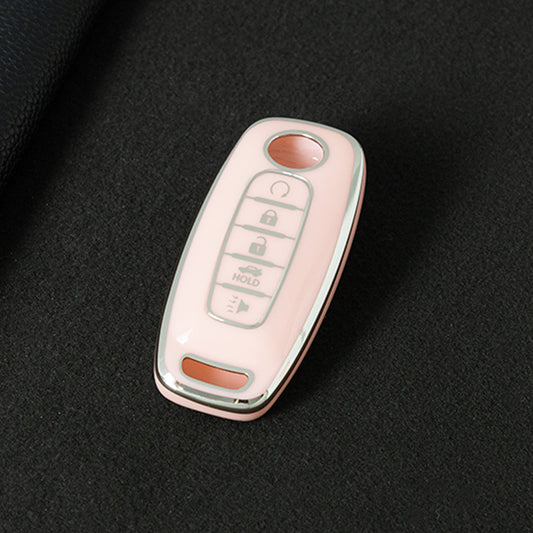 NIA3T1 Pink-Silver Plating TPU Car Key Cover Soft Key Shell Fob Holder Suitable for Nissan Sylphy Bluebird Teana X-Trail Murano GTR