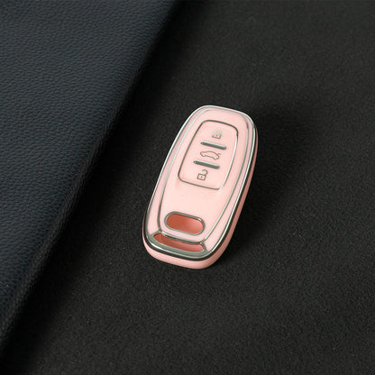 AUB1T1 Pink-Silver Plating Car Key Cover Silver Trim Full-Coverage TPU Key Cover for Audi A6L/A7/A8/A3/A5/Q5/S6 - Anti-Scratch Protective Case