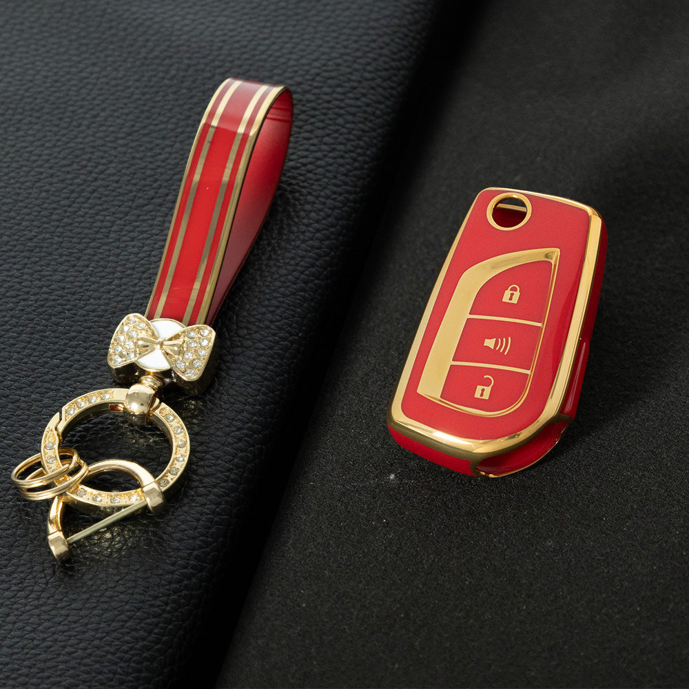 TOA1T1 Red-Gold Plating Car Key Cover Premium Soft TPU Car Key Case Cover Shell for Toyota COROLLA camry LEVIN REIZ highlander RAV4 Fold Key Rings Keychain Bag