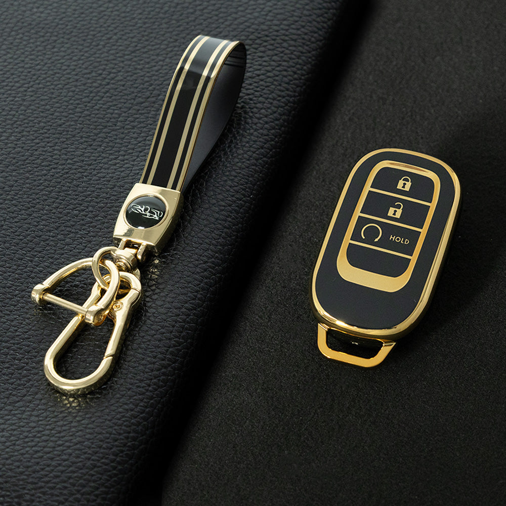 HOB3T1 Black-Gold Plating Car Key Cover TPU Remote Key Fob Cover 4-button Car Key Case Protective Accessories Suitable for Honda Accord Civic HR-V CR-V Pilot Odyssey
