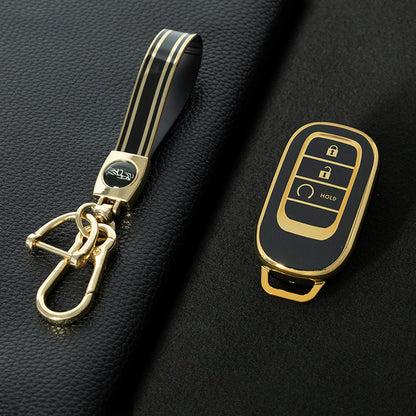 HOB3T1 Black-Gold Plating Car Key Cover TPU Remote Key Fob Cover 4-button Car Key Case Protective Accessories Suitable for Honda Accord Civic HR-V CR-V Pilot Odyssey