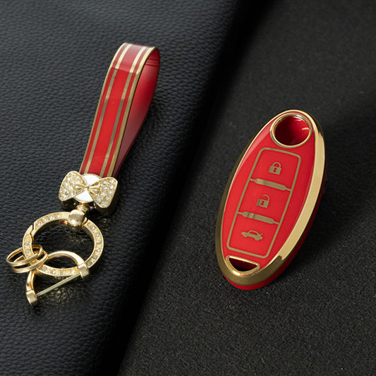 NIB3T1 Red-Gold Plating Car Key Cover High Quality Soft TPU 3-Button Popular Key Case Cover Shell for Nissan Patrol Tiida Qashqai X-Trail Juke Navara Car Accessory