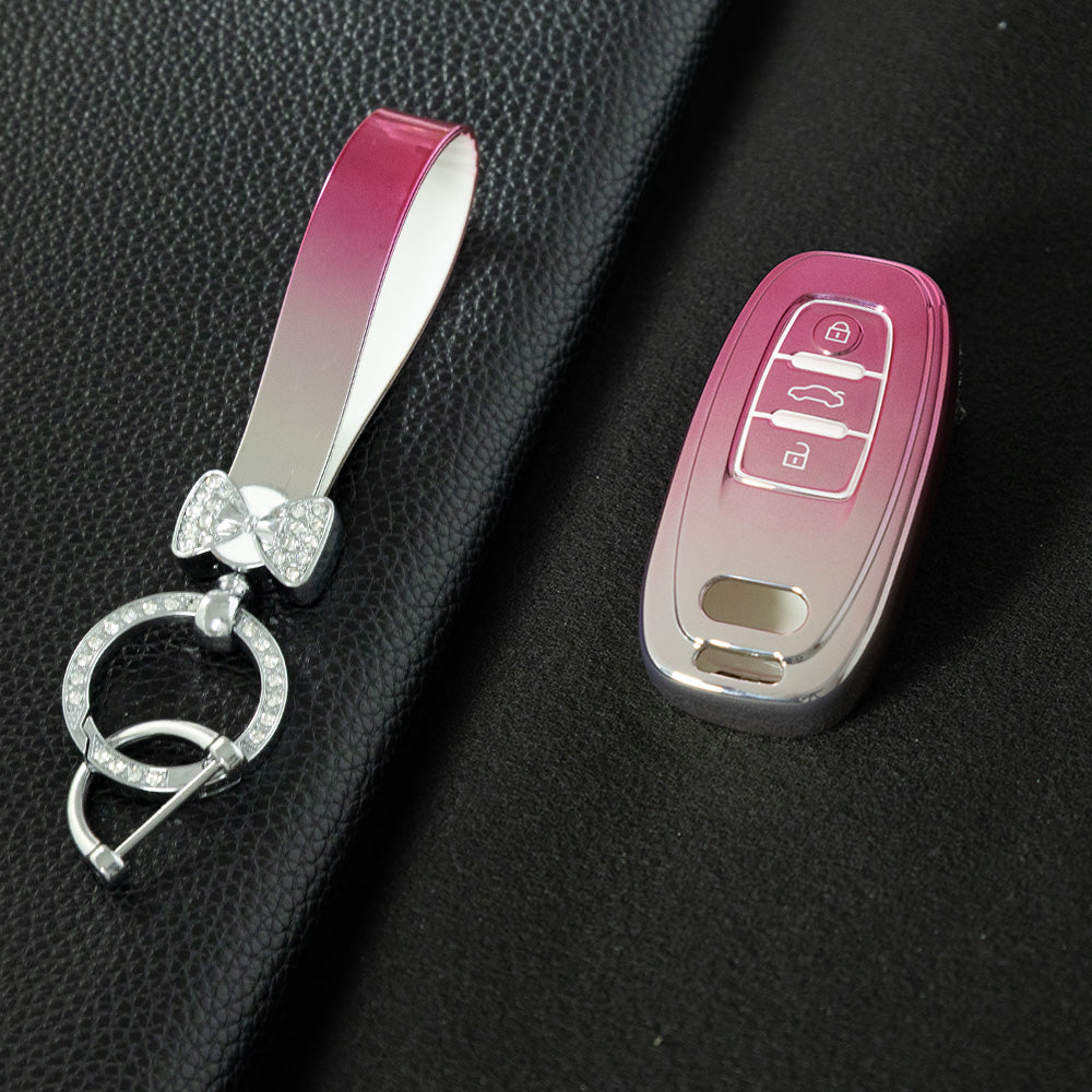 AUB1T1 Gradient Pink Car Key Cover Silver Trim Full-Coverage TPU Key Cover for Audi A6L/A7/A8/A3/A5/Q5/S6 - Anti-Scratch Protective Case