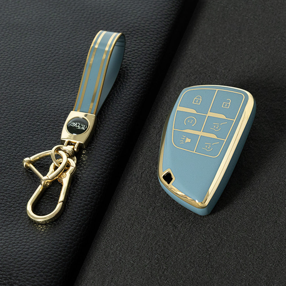 CEV4T1 Grey-Gold Plating 6-button Car Remote Key Case TPU Soft Key Fob Cover Smart Key Shell Holder Compatible with GMC Chevy Buick