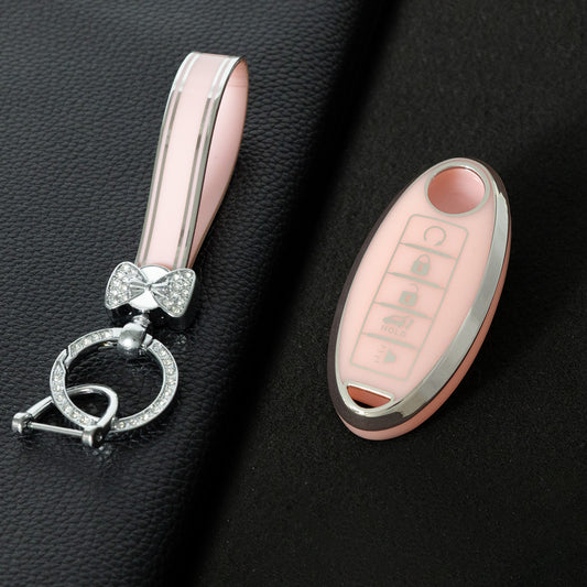 NIB6T1 Pink-Silver Plating Car Key Cover Silver Edge TPU Car Key Cover Keychain Fob Case Accessories for Nissan Note Qashqai Pathfinder Rogue Versa Infiniti Q50 Kia